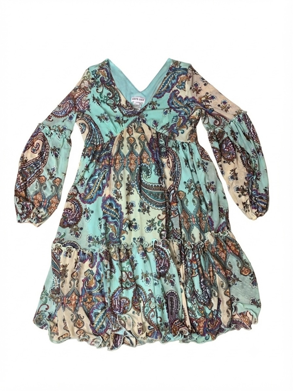 Kate-Lily Turquoise Paisley Long Sleeve Tiered Mini Dress Size 4